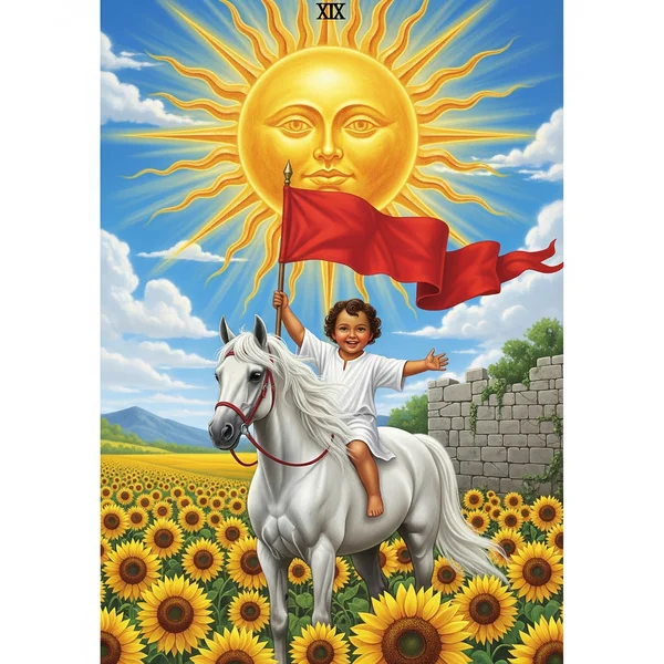 The Sun tarot card showing a child, symbolizing joy and success.