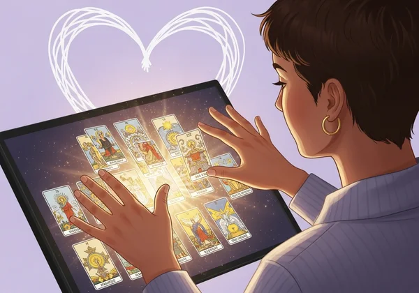 Person using a free love tarot reading online with cards