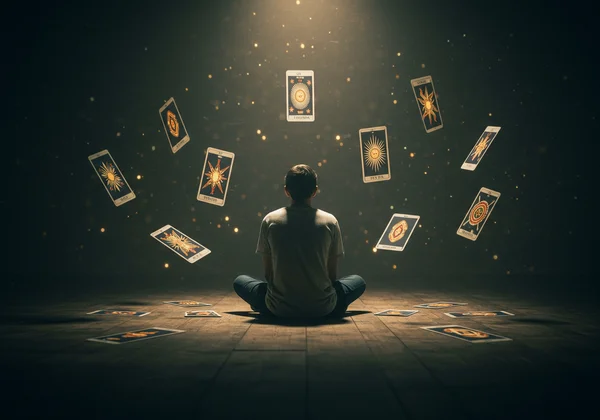 Person contemplating career path with glowing tarot cards