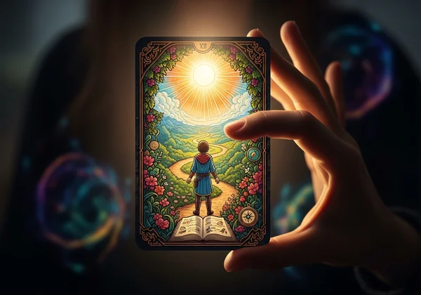Hand holding a tarot card for clarity and empowerment.