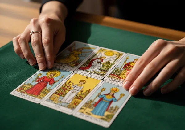 Hand, die sechs Tarotkarten in einem Legemuster anordnet
