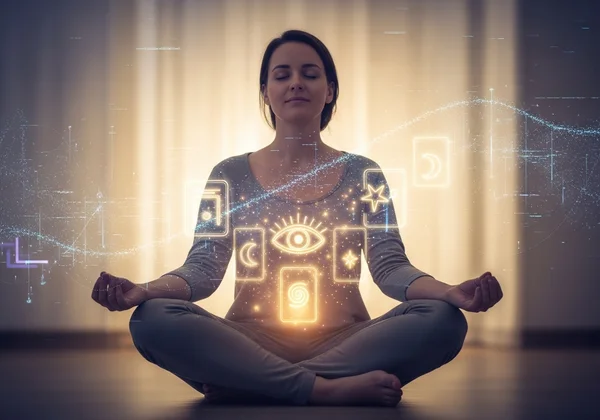 Eine meditierende Person mit abstrakten Tarot-Symbolen und digitalem Licht.