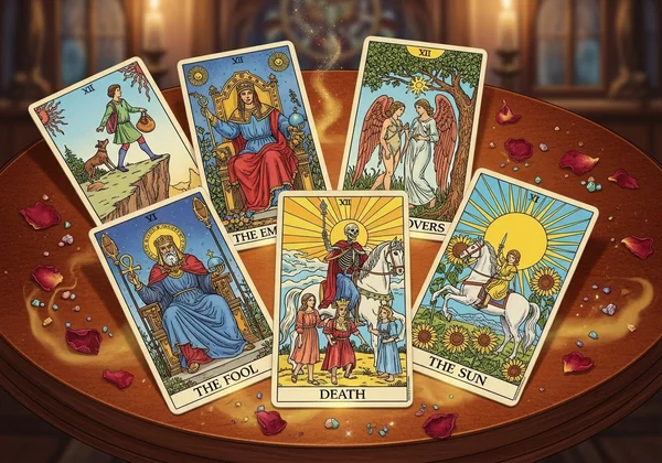 Eine Auswahl bunter Großer Arkana Tarotkarten, ausgelegt.