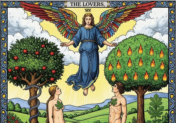 Kad tarot The Lovers, imej klasik Rider-Waite.