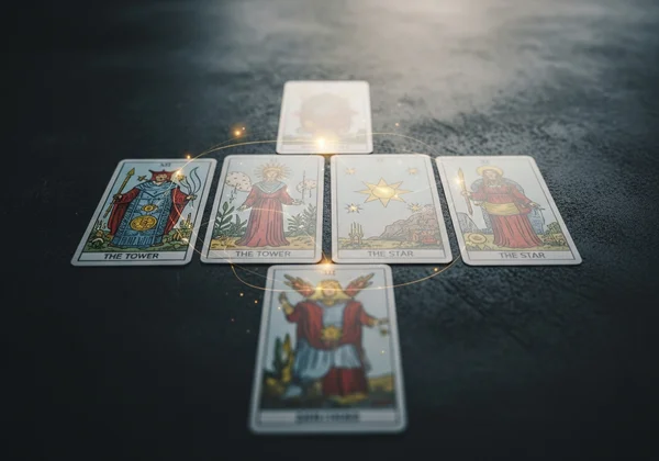 Kad tarot berinteraksi dalam susunan 6 kad