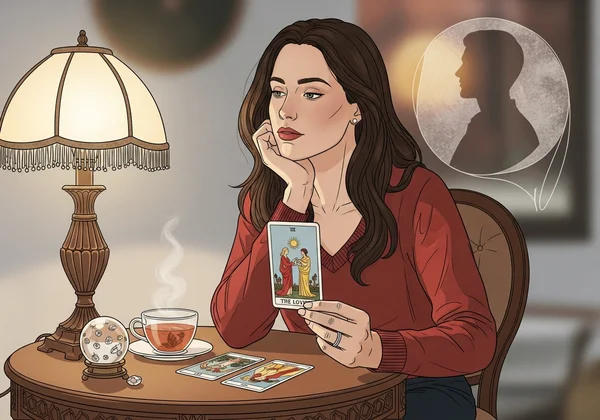 Woman pondering with tarot cards