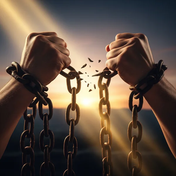 Hands breaking chains, symbolizing breaking free in tarot.