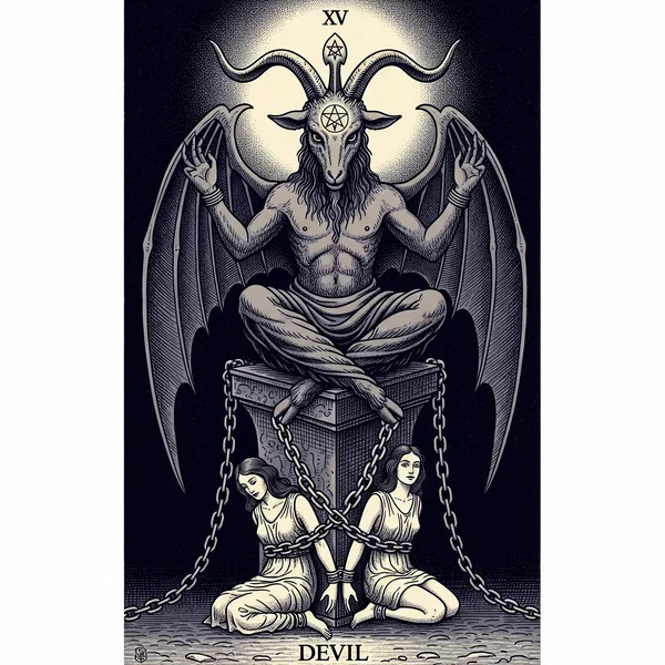 The Devil tarot card imagery, symbolizing bondage & illusion.