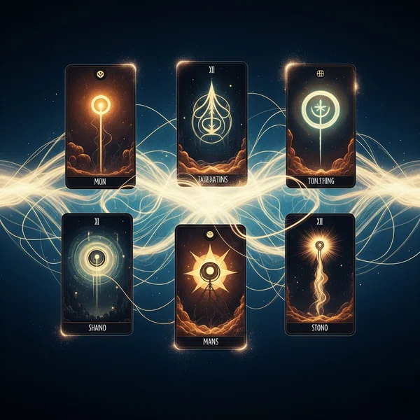 Six tarot cards interconnected, forming a narrative flow.