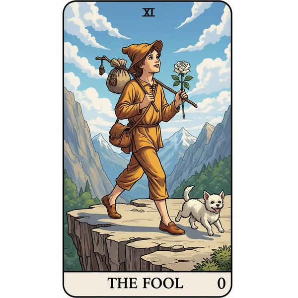 The Fool tarot card symbolizing new journeys and potential.