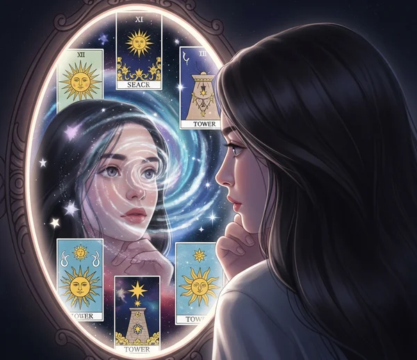 A person seeing tarot symbols in a mirror for self-reflection.