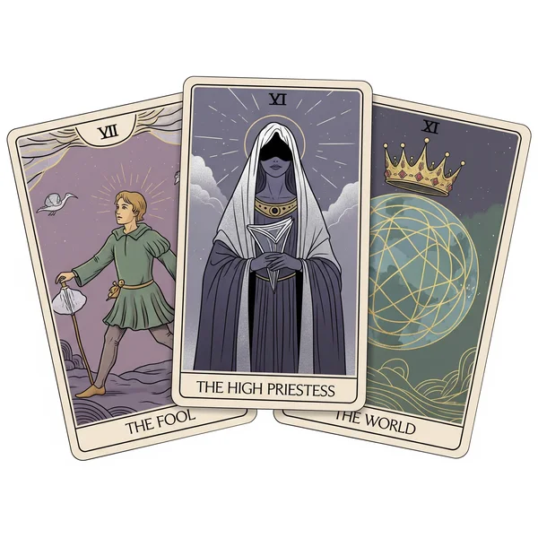Illustration of three iconic Major Arcana tarot cards.