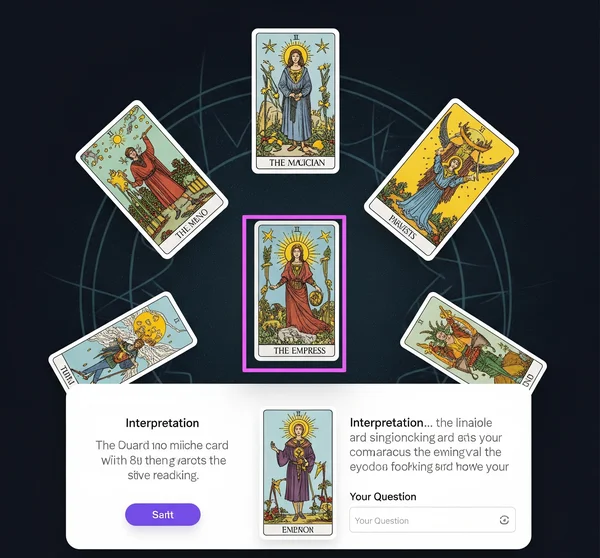 Screenshot of a free online tarot 6-card spread interface.