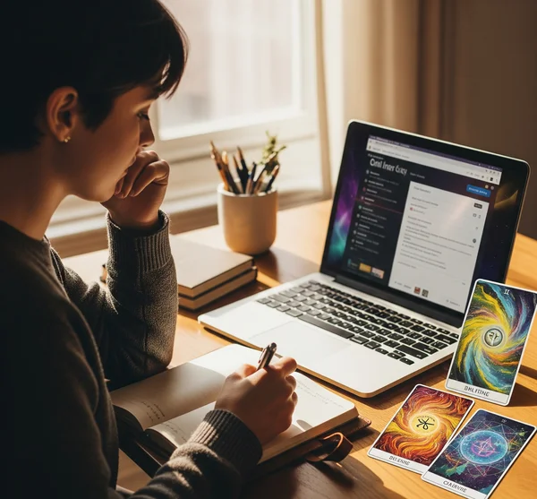 Person journaling and reflecting on online tarot insights.