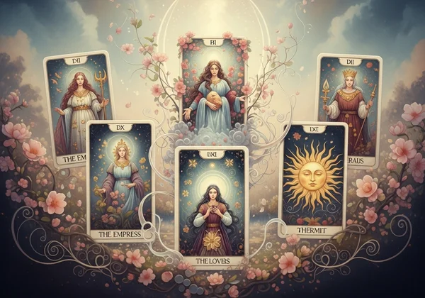 Major Arcana tarot cards in a romantic setting