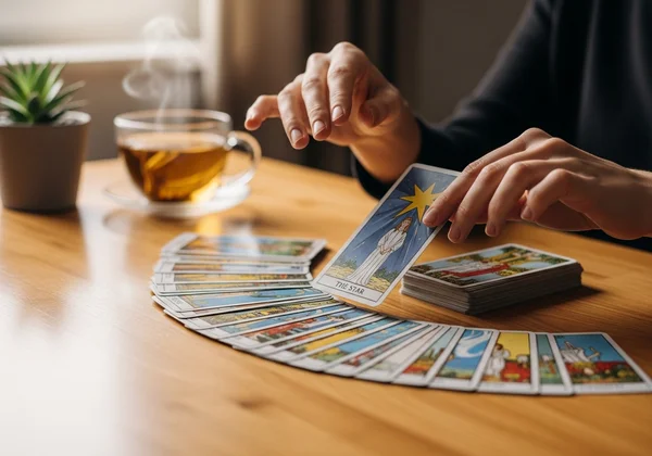 Person mindfully drawing a single tarot card