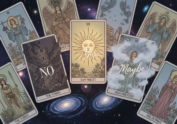 Major Arcana tarot cards sorted into yes, no, maybe.