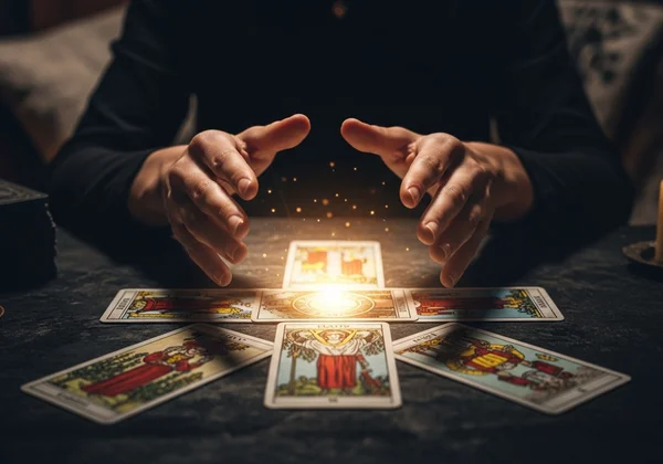 Person intuitively connecting with tarot cards