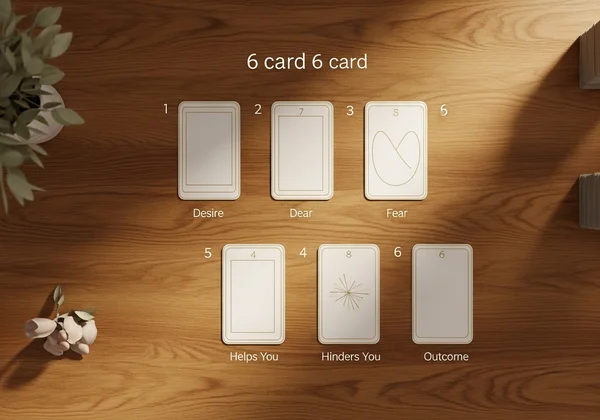 A conceptual 6-card tarot spread layout on a table