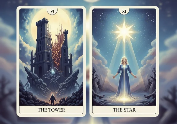 Tarot cards The Tower and The Star interacting in a spread