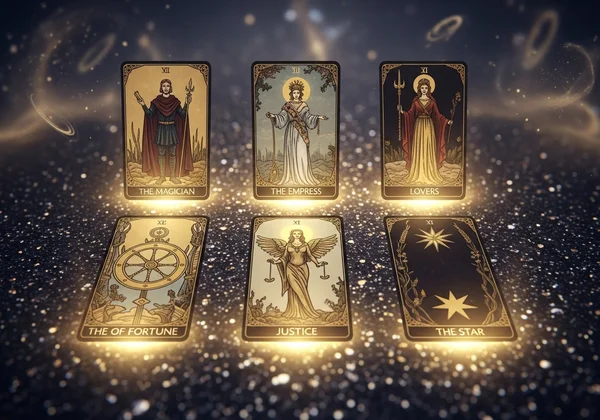 Digital 6-card tarot spread with glowing cards