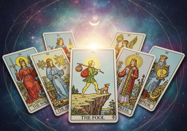 Tarot cards laid out for a Major Arcana reading, showing The Fool.