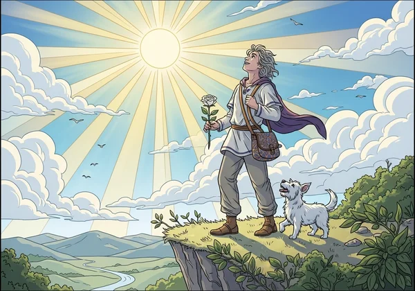 The Fool tarot card character standing at the edge of a cliff.