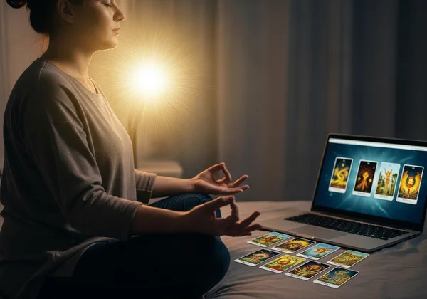 Person meditating for focus before online tarot reading.