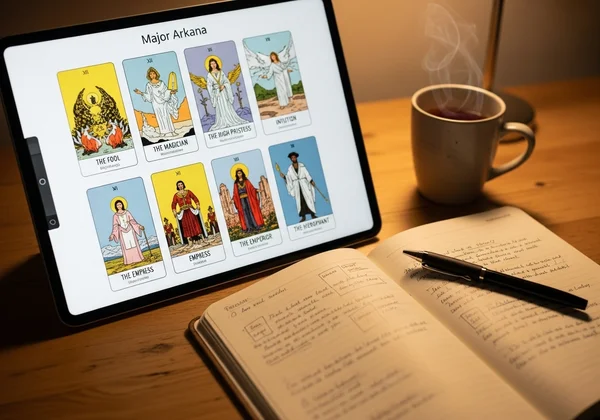 6-card tarot spread on screen with journal for reflection.