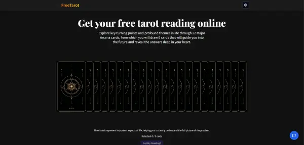 Screenshot of FreeTarot.org's 'Pick 6' tarot reading interface