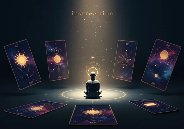 A person in a calm setting, reflecting with tarot cards spread before them